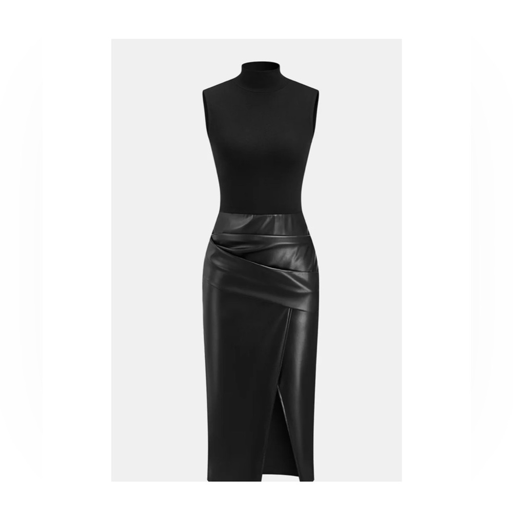 Faux Leather Panel Mock Neck Sleeveless Dres
